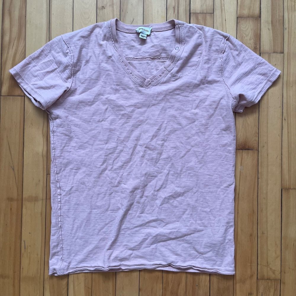 Diesel Pink V Neck Distressed Seam T Shirt Mens XL Cotton